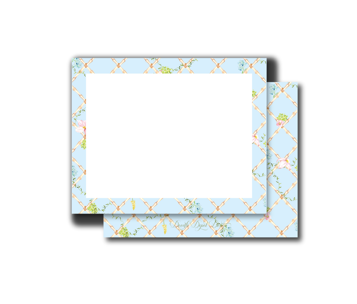 A white stationery card with a small blue and green floral illustration near the top left, layered over a light blue patterned envelope or backing with a gold trellis design and cursive script.