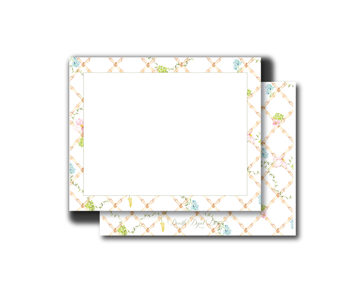 A set of rectangular notepads with a white center writing area and a delicate border featuring a light beige trellis pattern accented with pastel blue, green, and pink floral details. One notepad is shown flat, and another is slightly offset behind it to display the patterned cover.
