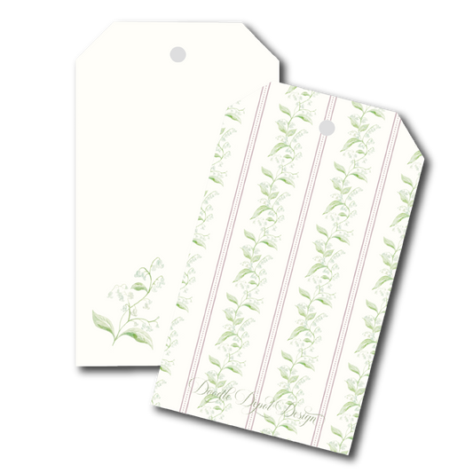 Two decorative gift tags with a white background, featuring a vertical stripe pattern with light green leafy vines and delicate pink outlines. One tag is blank with a hanging hole, and the other has a floral vine print with the script text 'Delicate Design' at the bottom.