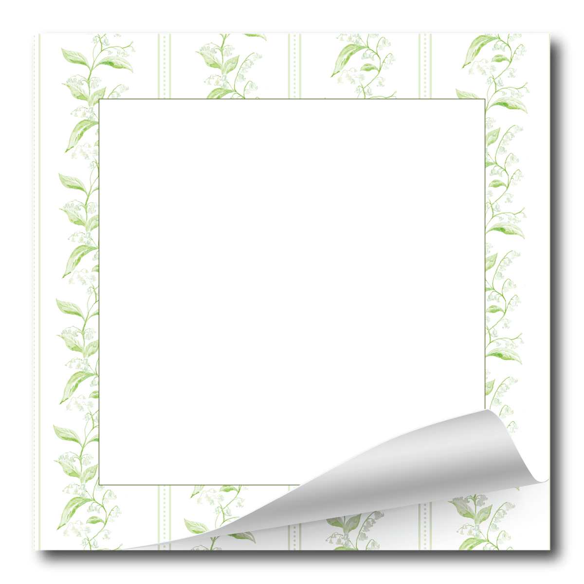 A square white paper notepad or stationery sheet with a decorative border of light green leafy vines around the edges and a curled bottom-right corner, shown on a white background.