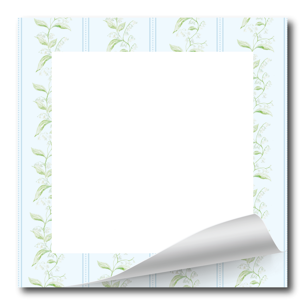 A square white paper notepad or stationery sheet with a decorative border of light green leafy vines around the edges and a curled bottom-right corner, shown on a white background.