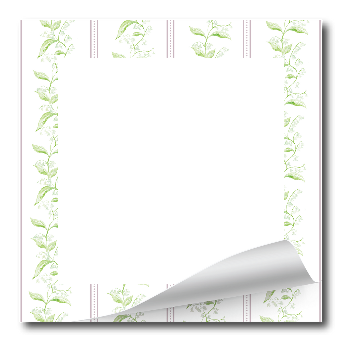 A square white notepad or memo pad with a decorative border of light green leafy vines and dotted lines, shown on a white background with one bottom corner curled up.