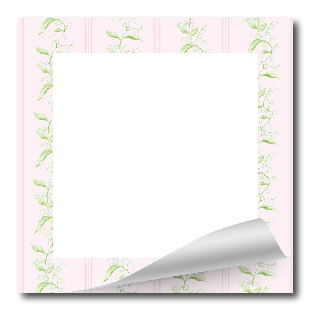 A square white card or notepad with a decorative border in soft pink and light green, featuring a curled bottom-right corner to show a glossy finish.
