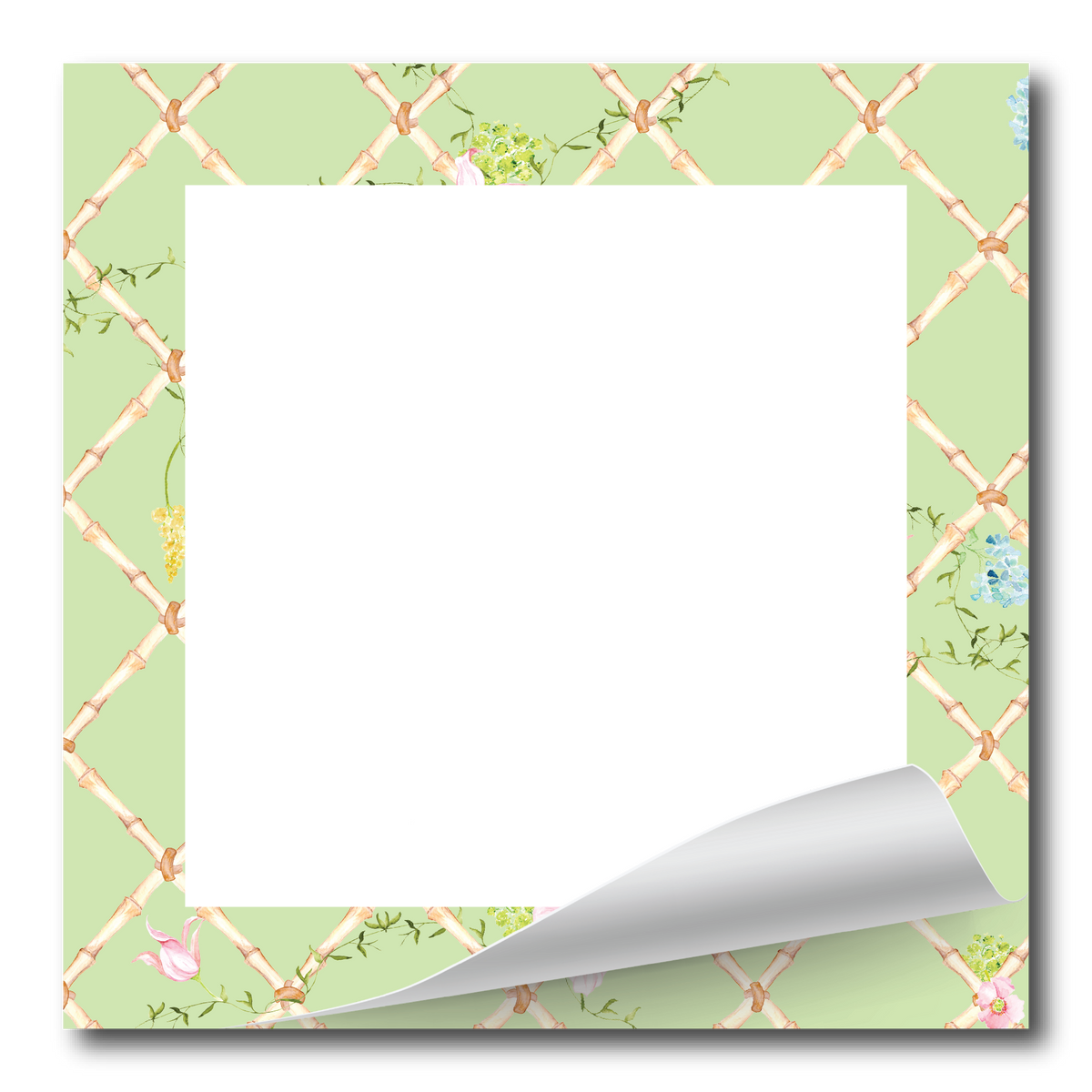 A square decorative sticker or decal with a pale green border featuring a peach lattice pattern and small floral details, with a large blank white center and a curled bottom-right corner effect.