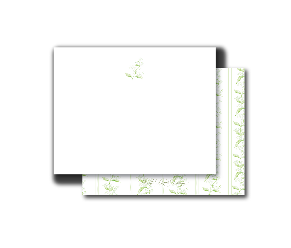 A stack of white stationery cards or envelopes with a delicate light green botanical pattern on the edges, shown on a plain white background.