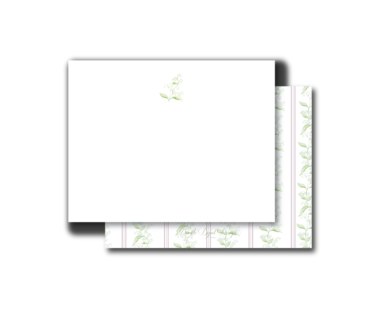 A stack of white stationery cards or envelopes with a delicate light green botanical pattern on the edges, shown on a plain white background.